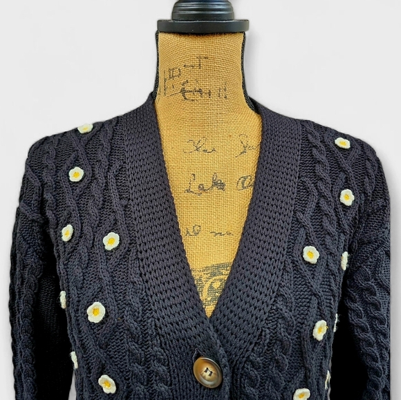 GiGi Black Cable Knit Daisy Cardigan - Boho Romantic Charm, Size S - Picture 2 of 5